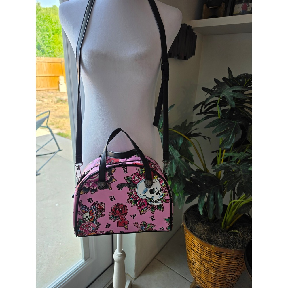 Ed Hardy Pink Tattoo Print Insulated Lunch Tote Bag Crossbody Vegan Skull